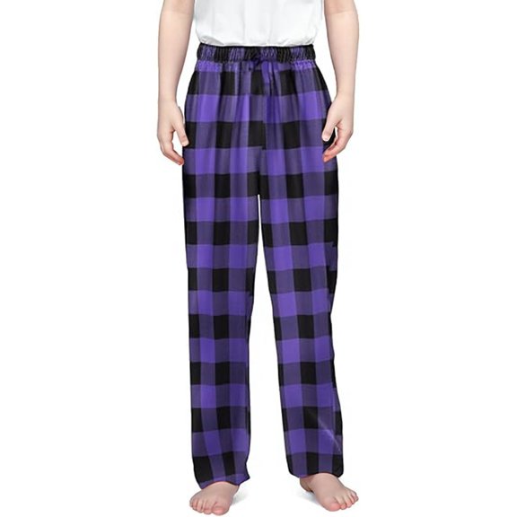 CPNG Girls and Boys Plaid Sleeping Pants Kids Elastic High Waist Soft Cotton Plaid Home Pants with Pockets(Purple,3-4 Years)