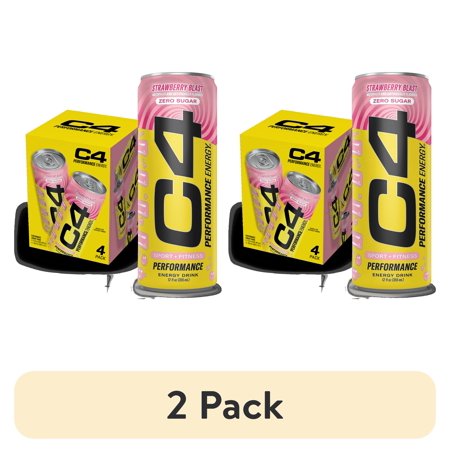 (2 pack) C4 Performance Energy Drink, Strawberry Blast, 12oz, 4 Pack Cans