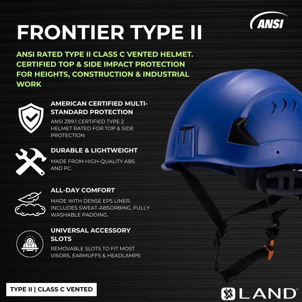 Land Helmets Frontier Type 2 Class C Vented Safety Helmet - ANSI/ISEA Z89.1 Type II OSHA Compliant Hard Hat - Blue
