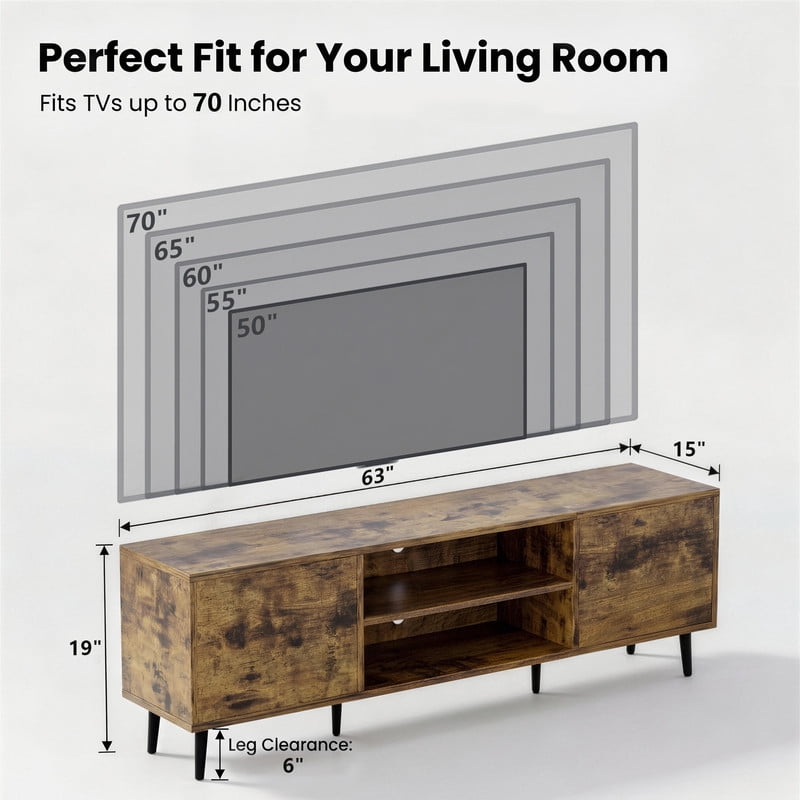 Homall 63'' Mid-Century Modern TV Stand for TVs up to 70 Inches, Wood Entertainment Center with Storage Cabinets & Open Shelves, TV Console Table for Living Room,Brown