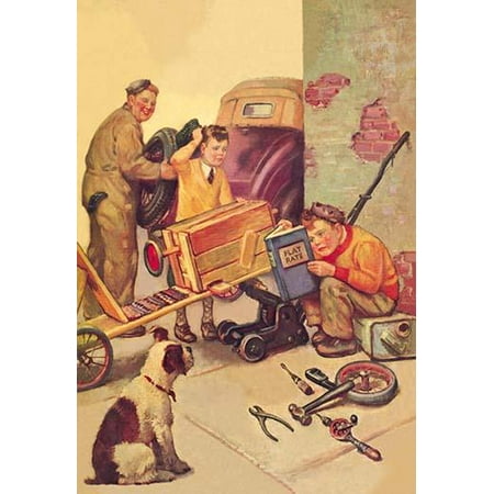 At a service station a boy has brought in his soap box derby car for repair  Another boy is reading a book entitled flat rate on how to charge for the repairs  A dog and a grown-up a mechanic watch