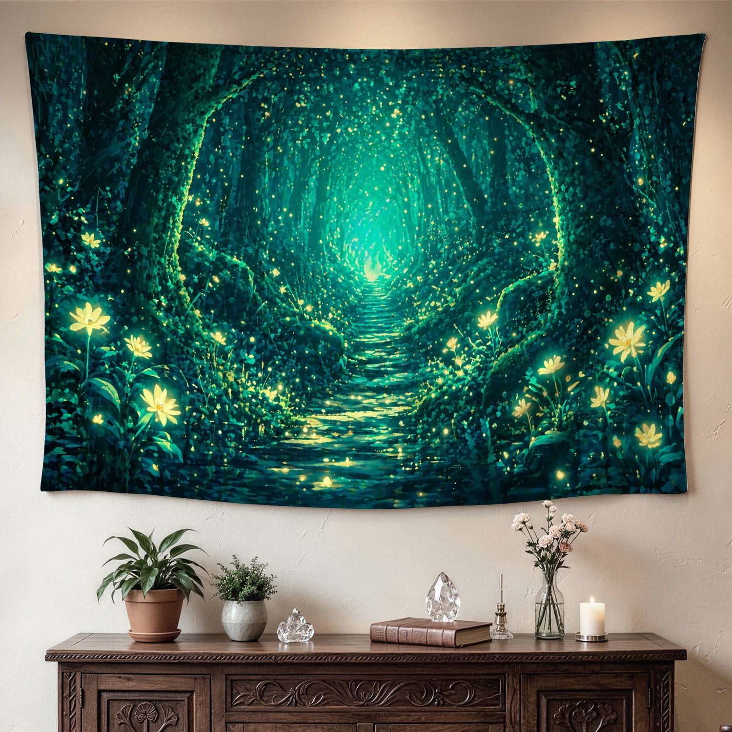 Magical Glowing Forest Path Firefly Wall tapestry,Large size Printed Horizontal Tapestry blanket,Polyester Fabric Wall Hanging for bedroom,living room,Gift for Family and Friends