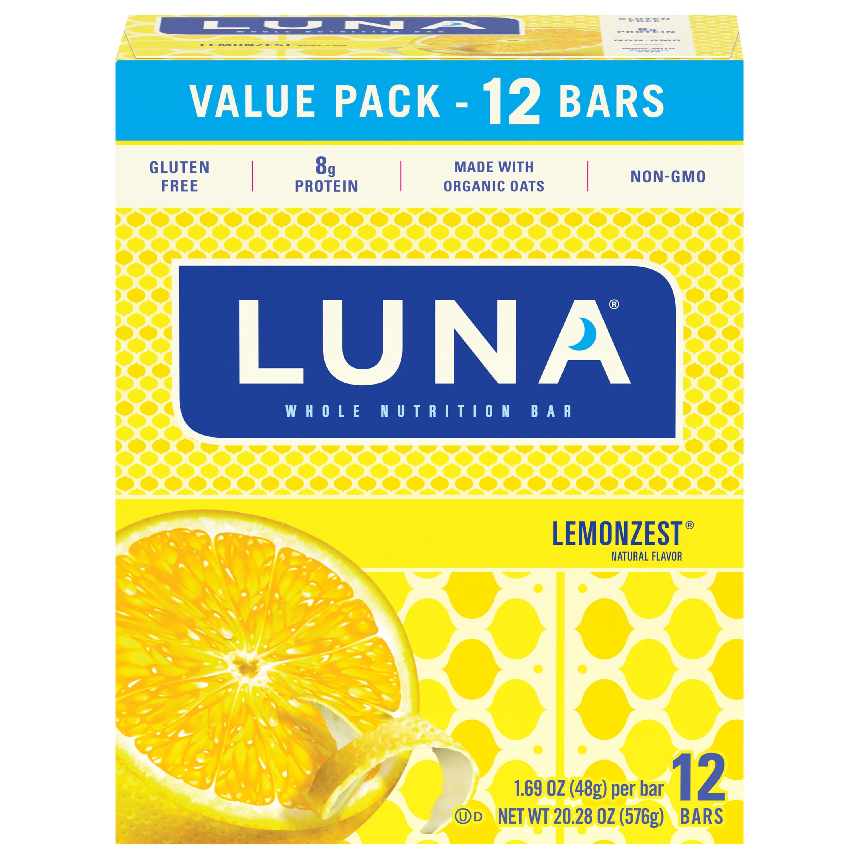 Luna Bar Whole Nutrition Snack Bars, Gluten Free, Lemon Zest Flavor, 12 Ct, 1.69 oz