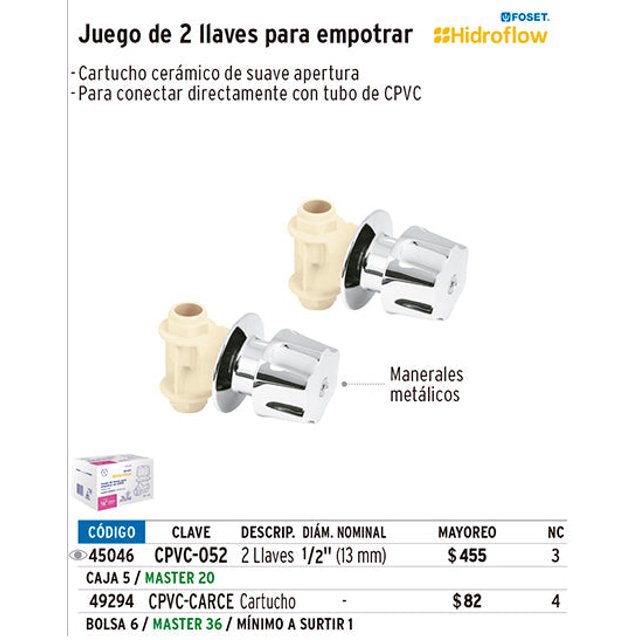 Llaves de empotrar para regadera DE CPVC, 2 pzas. Foset Llaves de empotrar para regadera DE CPVC, 2 pzas.