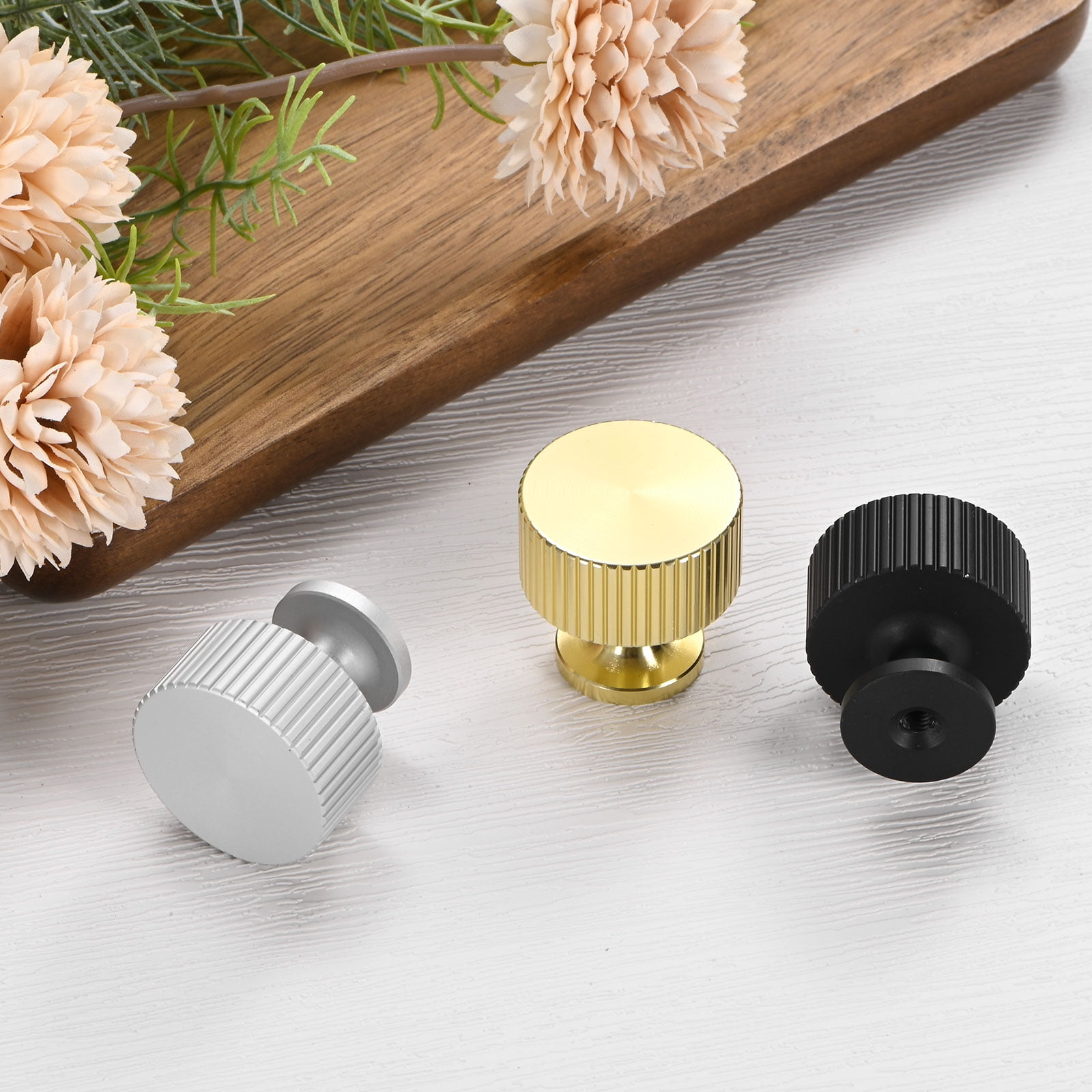 Uxcell 10-Pack Gold Cabinet Knobs, 1-1/10" Striped Round Modern Aluminum Knobs Handles [Gold]