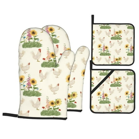 

Oven Mitts and Pot Holders 4 pcs Set Flowers And Hens Heat Resistant Pot Holders Oven Mitts for kitchen Non-Slip Hanging Loop Oven Glove Potholders for Baking Cooking