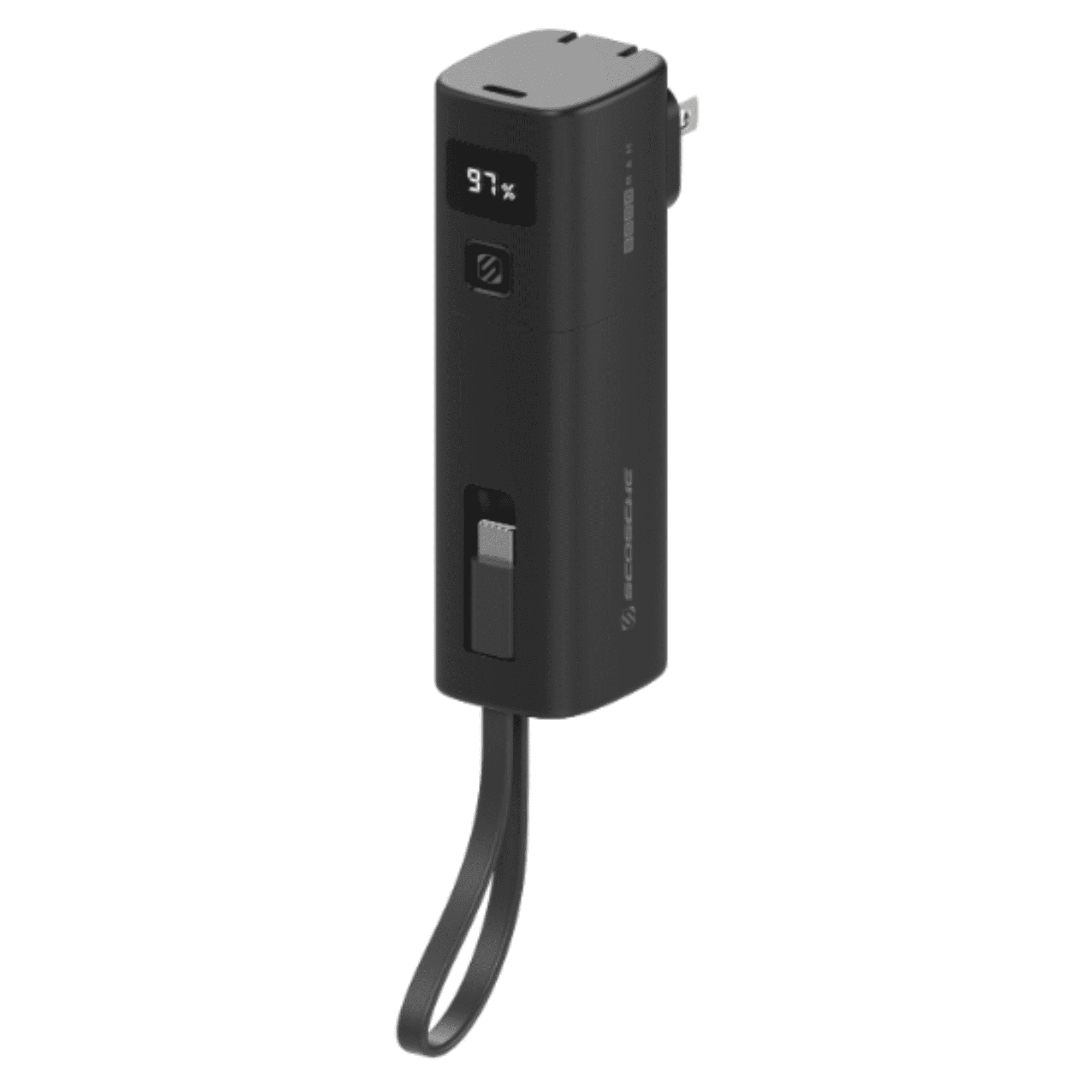 Scosche GoBat 3-in-1 Portable Charger 5,000mAh Power Bank w/ Built-in USB-C Cable & Foldable AC Plug Black