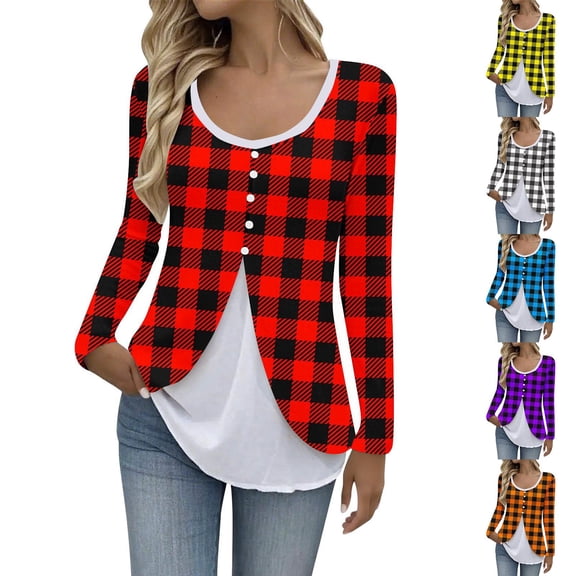 XPMWRP Women Fake Two Piece Patchwork Tunic Top Loose Crew Neck Button Up Henley Shirts Long Sleeve Dressy Casual Blouse Red XXXXL