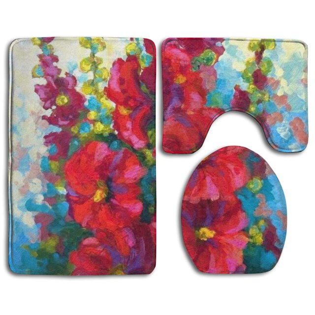ABPHQTO Flor roja Juego de alfombras de baño de 3 piezas Alfombra de baño Alfombra de contorno y tapa de inodoro