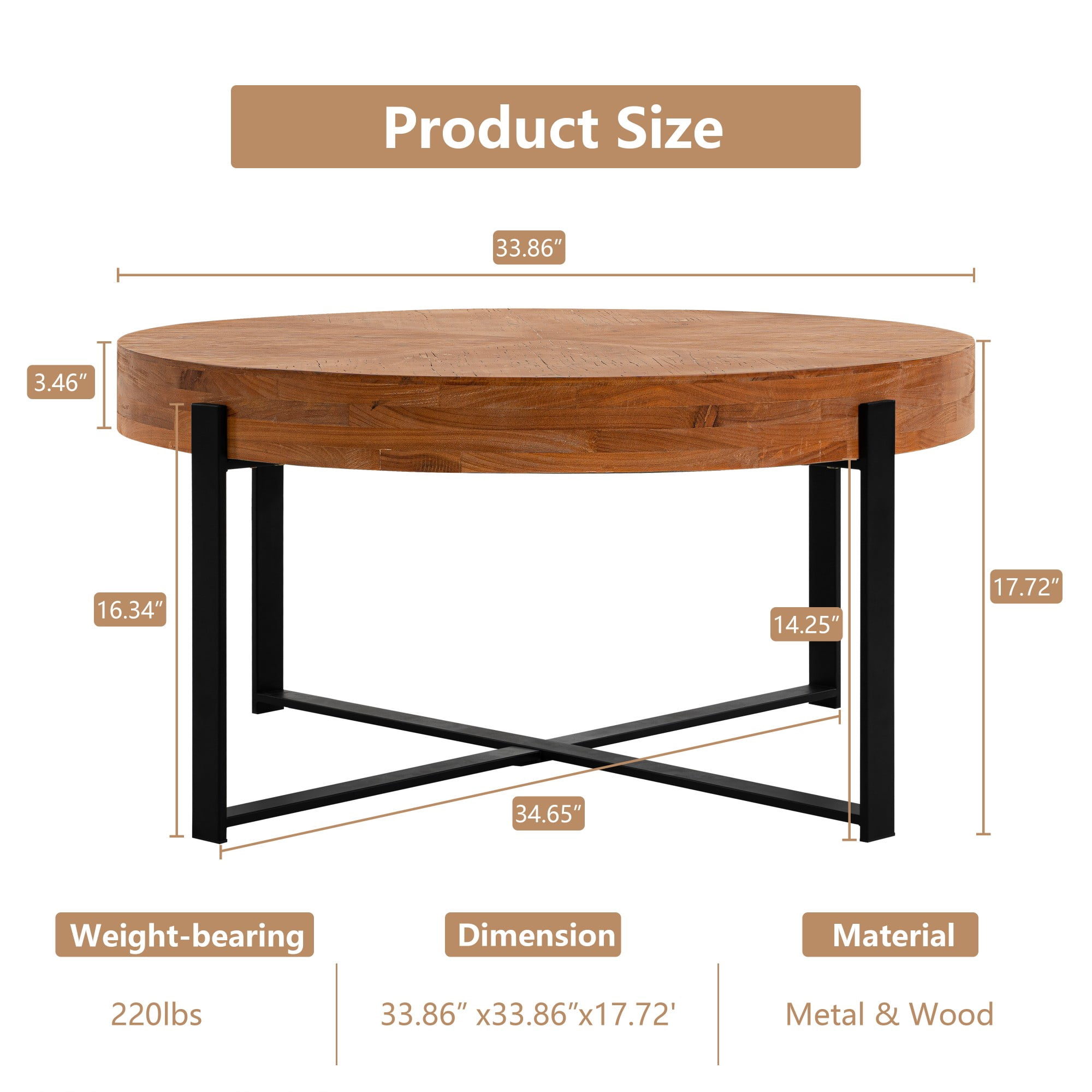 BSHTI 31.29" Metal Wood Round Coffee Table with Retro Splicing Top, Cross Metal Frame, Rustic Style for Living Room(Natural+Black)