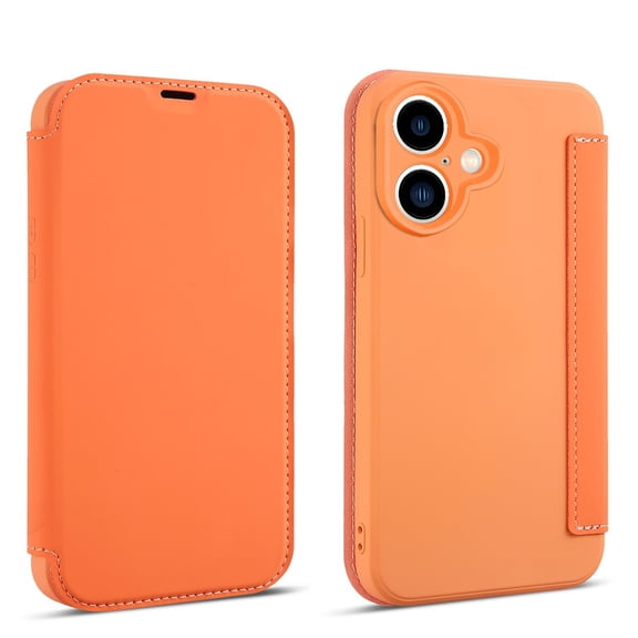 Slim Wallet Case For iPhone 17, Premium PU Leather Flip Cover with Card Holder, Soft Fiber Flocking Lining for Screen Protection Shockproof Case Wireless Charging, Orange