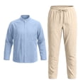 thumbnail image 5 of Mens Casual Two Piece Set Men's Long Sleeve Button Shirt and Full Length Pants Solid Color Breathable Linen Relaxed Fit for Home Yoga Outdoor Wear Lightweight Sky Blue XXXL, 5 of 6