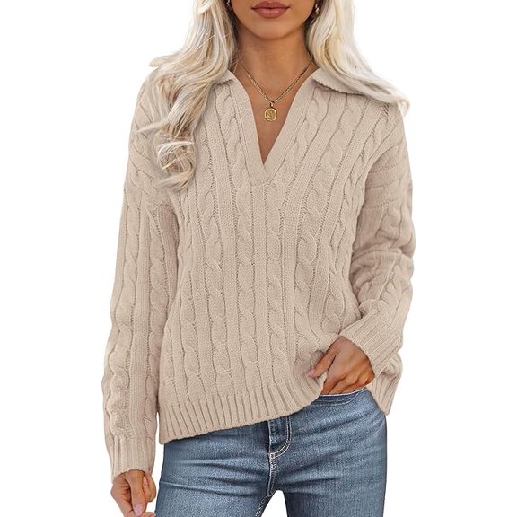 PRETTYGARDEN Fall Cable Knit Sweaters for Women Long Sleeve Loose Chunky Polo V Neck Sweater Casual Pullover Jumper Tops