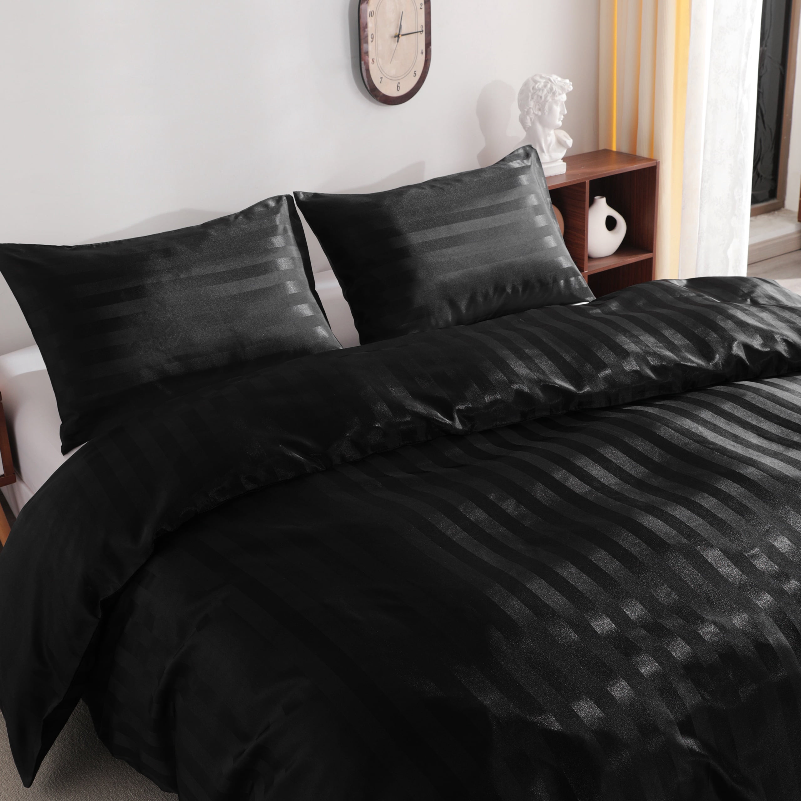 3 Pieces Silky Smooth Stripe Satin Duvet Cover Set, Luxury Duvet Cover Bedding Set, 1 Duvet Cover + 2 Pillow Cases (No Comforter), Twin, Black