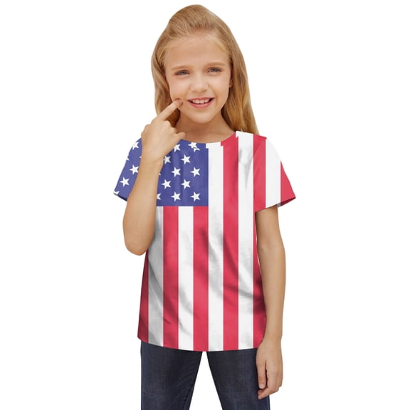 Karoyedx Girls Clothes Girls July 4th Patriotic Shirt American Flag Short Sleeve Tshirts for Girl Blue Size,6-7 Years