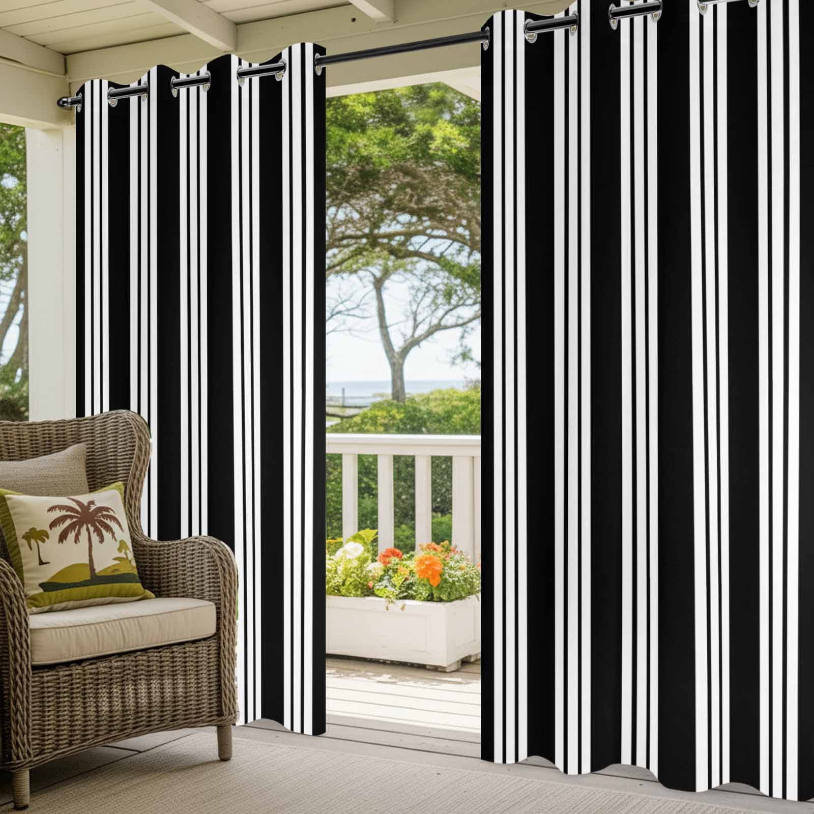 Black Striped Outdoor Curtains for Patio, Modern Classic Stripes Rustic Country Farmhouse Sunshade Privacy Drapes Grommet Waterproof Outside Curtains for Porch/Cabana/Balcony 54"x 108", 1 Panel