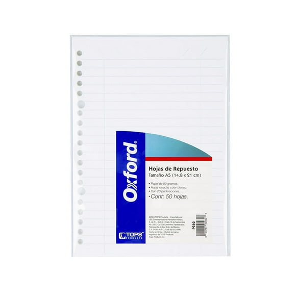 Paquete de 50 Hojas de Repuesto con Rayas, Oxford, A5 (15 x 21 cm)