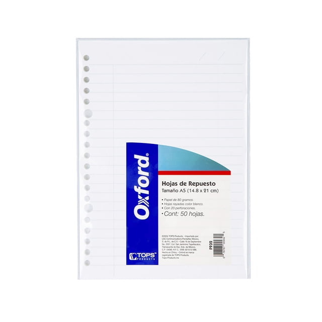 Paquete de 50 Hojas de Repuesto con Rayas, Oxford, A5 (15 x 21 cm)