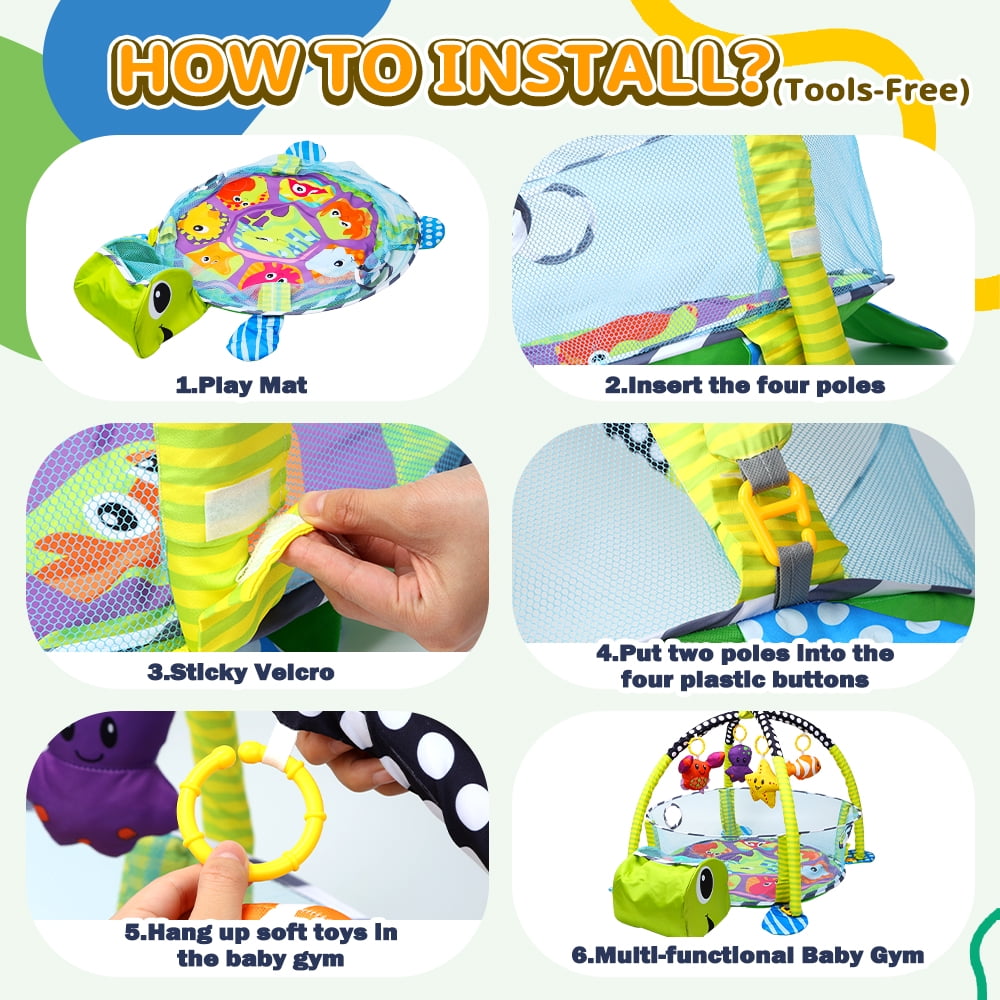 JoyStone 4 in 1 Turtle Baby Play Gym Activity Mat with 30 Balls, 4 Detachable Sound Toys, Baby Sensory Mat for for Toddler Infant, Newborn Gift for Boys and Girls, Green