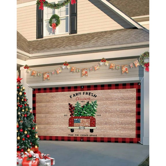 Garage Door Banner Cover 7 x 16 ft, Farm Christmas Tree Truck Retro Red Buffalo Plaid Wood Grain Christmas Garage Door Decorations Holiday Christmas Backdrop Decor for Winter New Year Xmas Party