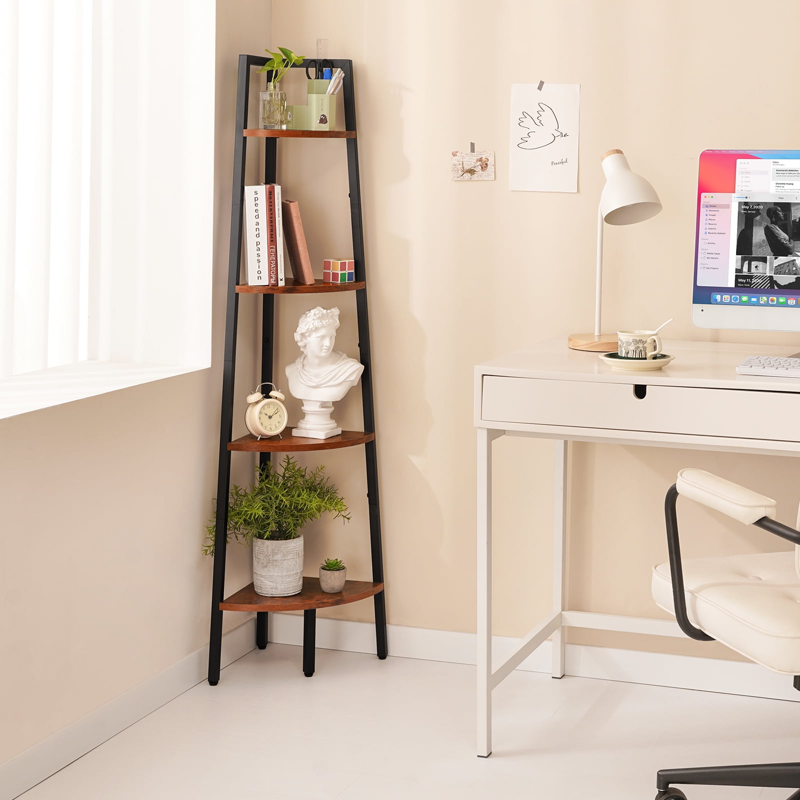 Yoobure 4-Tier Corner Bookshelf with Metal Frame,Ladder Display Shelf for Bedroom and Living Room, Tall Wood Corner Bookcase and Plant Stand