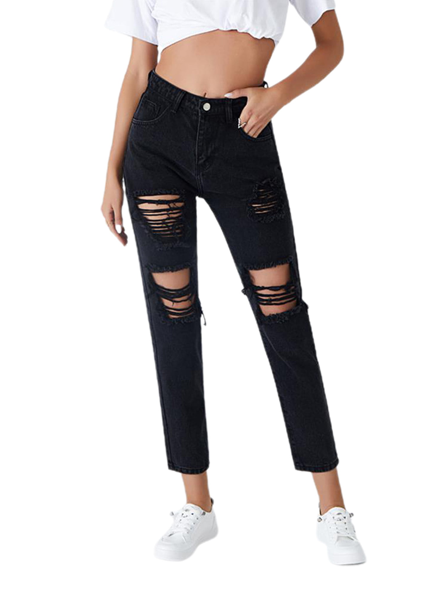 Woolen Velvet Womens Destroyed Ripped Jeans Pants Ladies Casual Slim Fit  High Waist Denim Trousers - Walmart.com