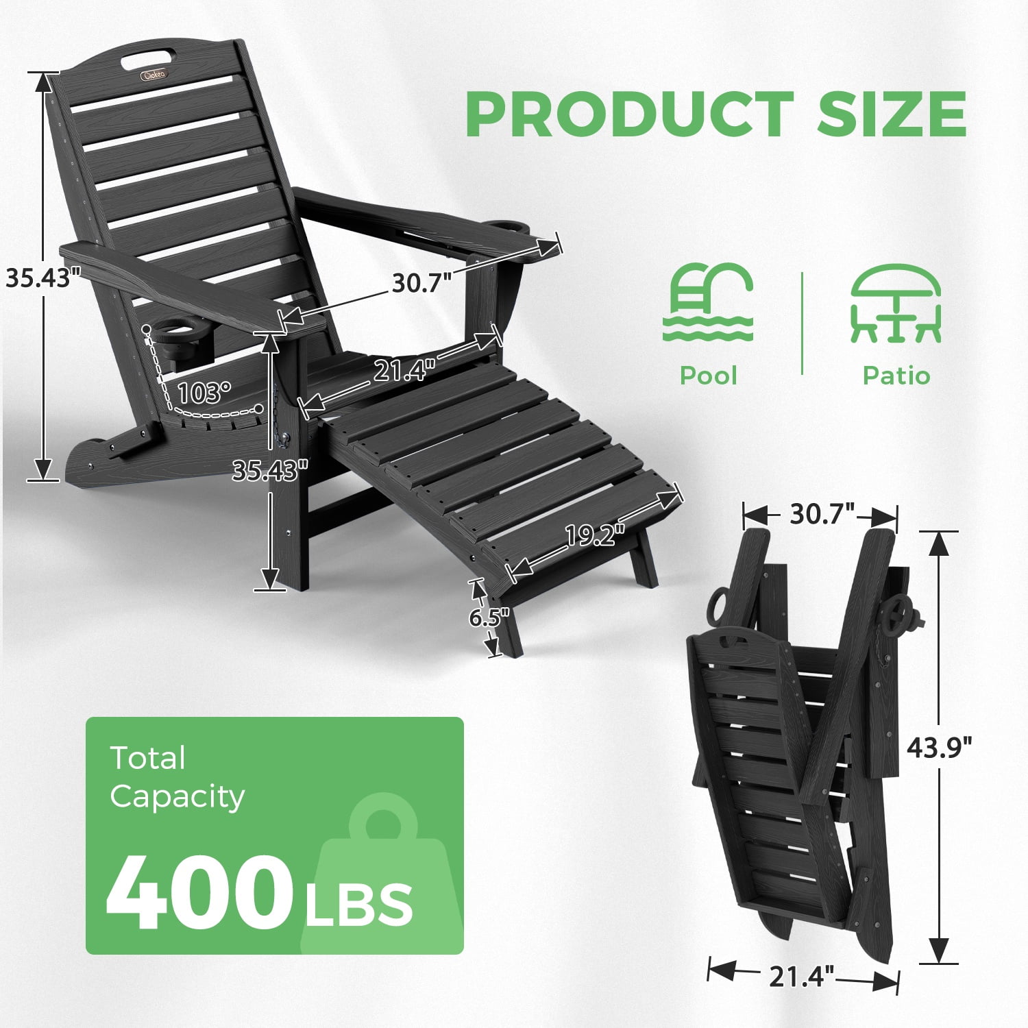Ciokea Folding Adirondack Chair with Ottoman Set of 2 HDPE Outdoor Chair Pull Out Footrest 2 Cup Holders Patio Garden Black