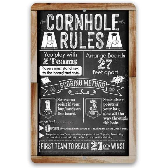 Metal Sign - Cornhole Rules - Durable Metal Sign - Use Indoor/Outdoor - Makes a Great Kids Playroom, Backyard Playground, Cornhole Event Competition Decor and Gift (12"x 18", Chalkboard Style)