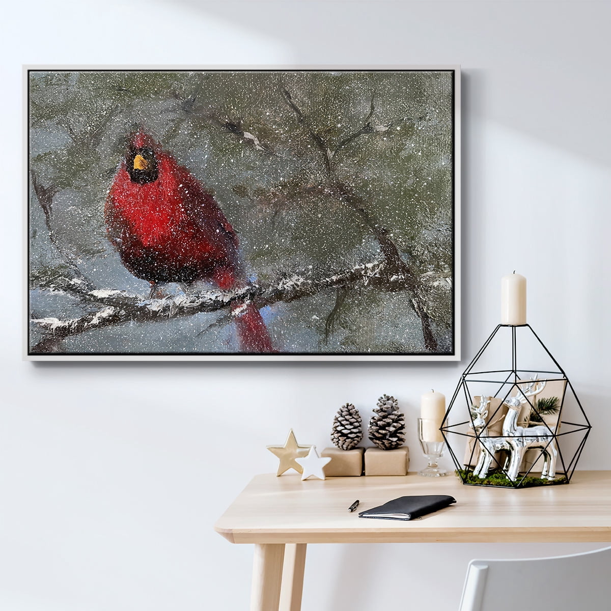 Cardinal in Snow I - Framed Gallery Wrapped Holiday Canvas - 25 x 37 - White Frame