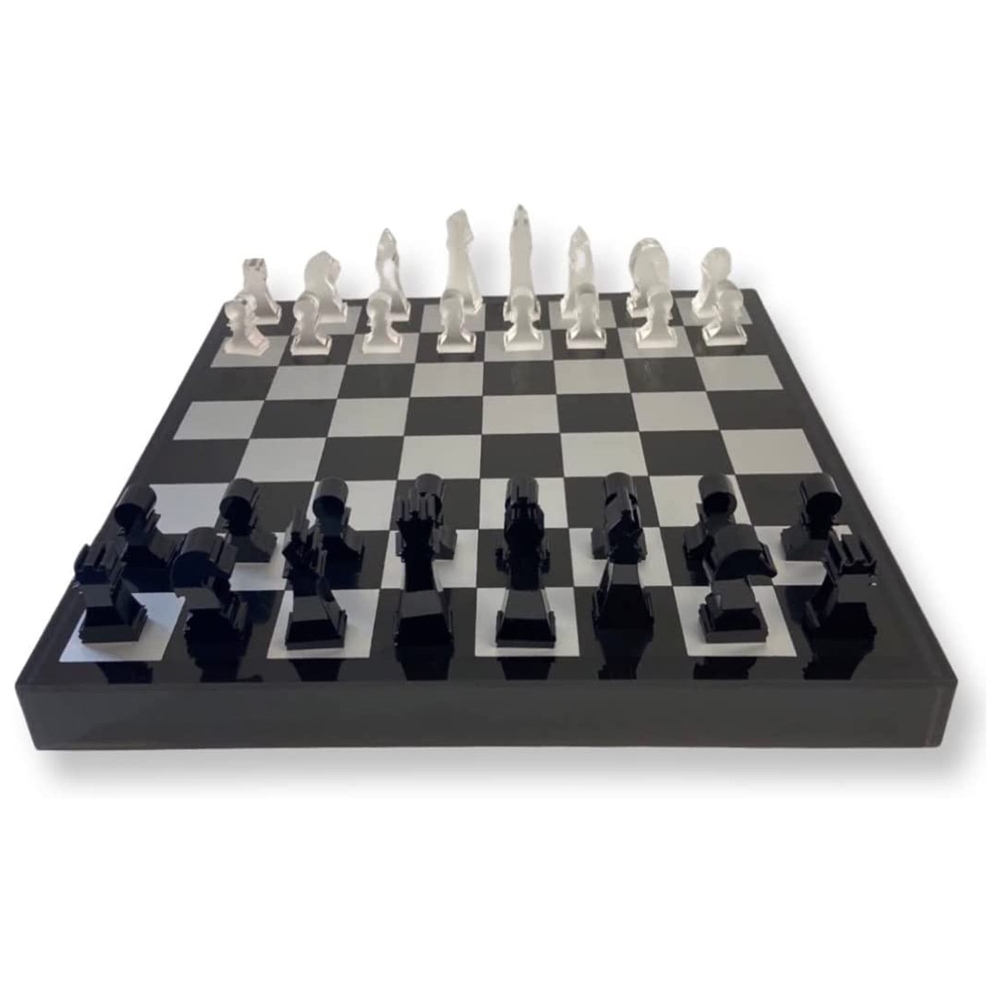 Rolling 66 Checkers & Chess Board Set with Acrylic Board & Chess Pieces, Black Silver