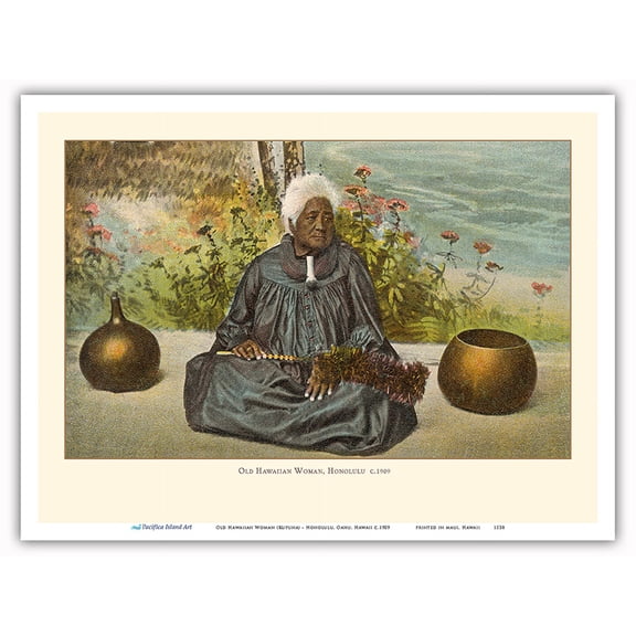 Old Hawaiian Woman (Kupuna) - Honolulu Oahu Hawaii - Vintage Hawaiian Color Postcard c.1909 - Master Art Print (Unframed) 9in x 12in