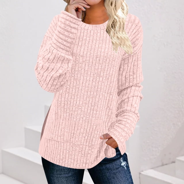 Hauts de Chandail pour Femmes Grande Taille Manches Longues Doux Confortables Col Rond Chemises Décontractées Coupe Ample Tunique m