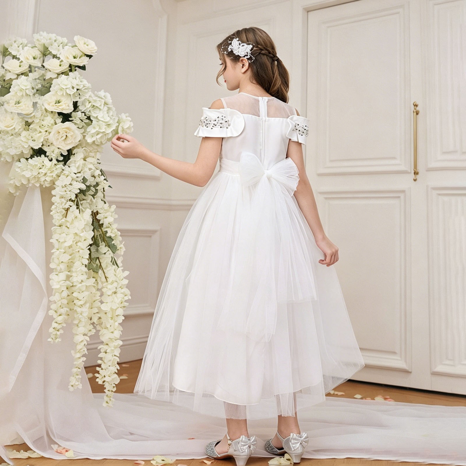 Wdgfv Elegant Off Shoulder Girls Dresses Tutu Skirt For Wedding Party Pageant Casual Wear Floral Appliques Gown