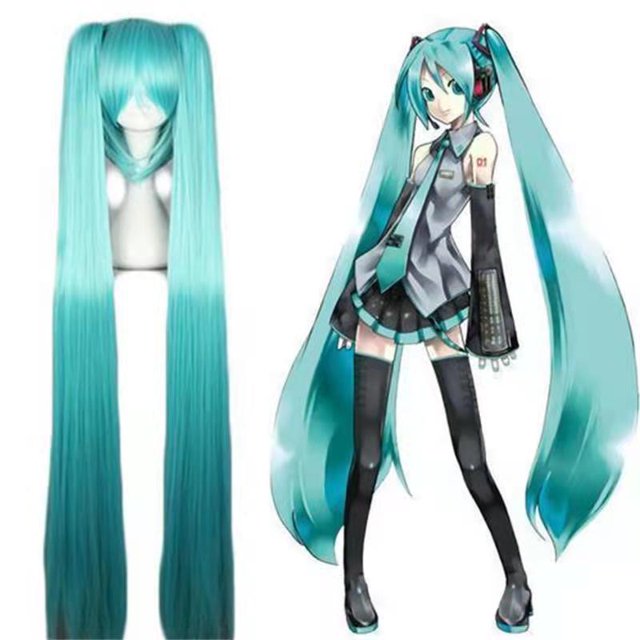 Peluca de Hatsune Miku para fiesta de cosplay, con 2 coletas largas y rectas