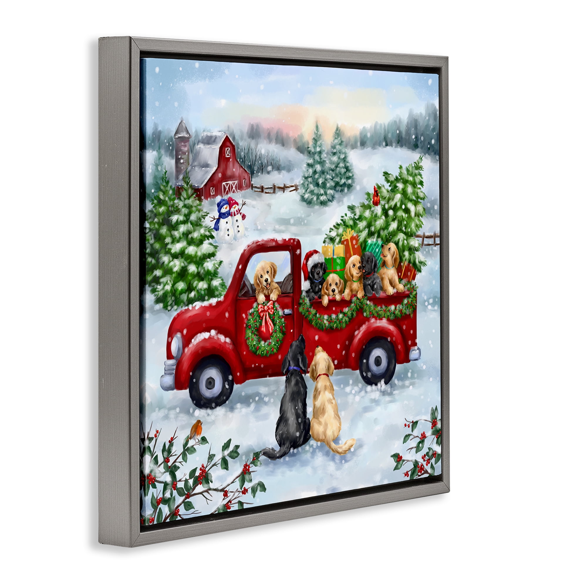 Stupell Industries Holiday Truck & Tree Holiday Painting Gray Floater Framed Canvas Art Prints Wall Art, 25 x 25