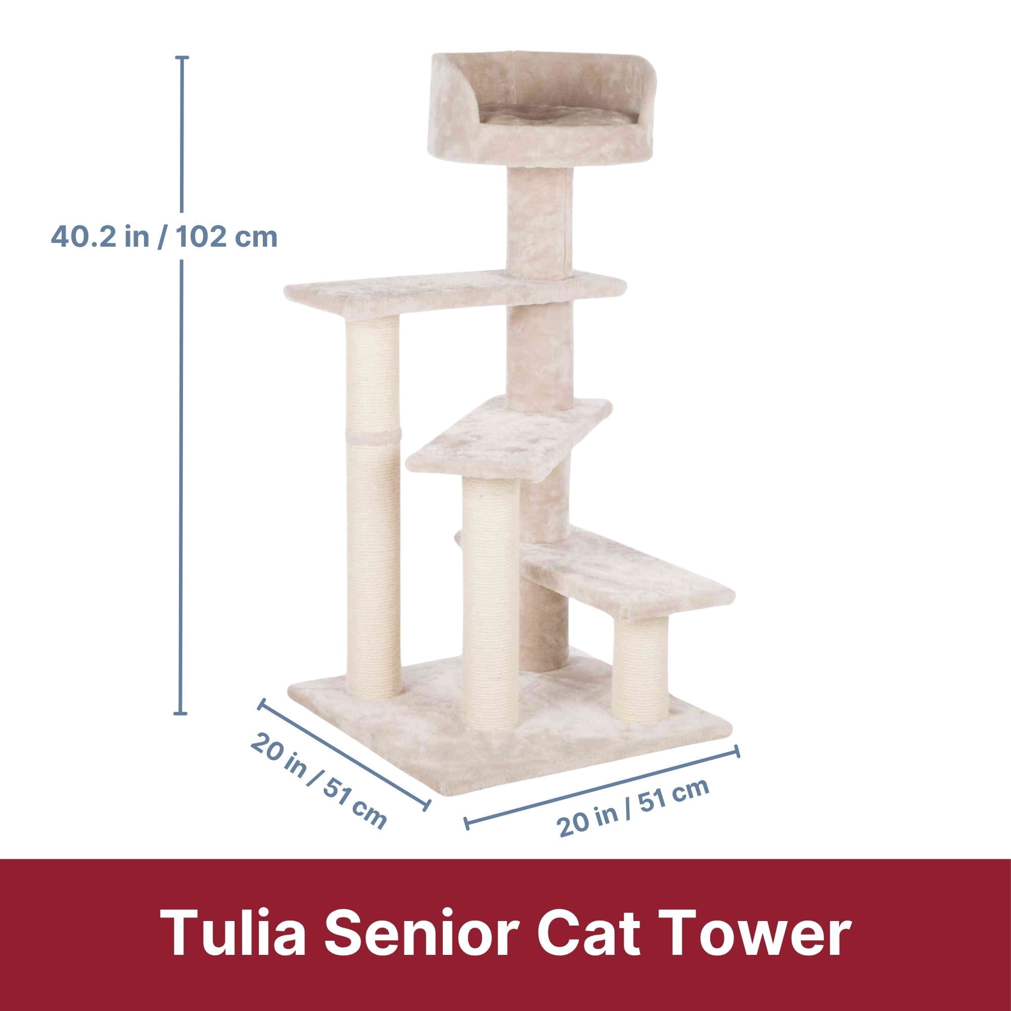 TRIXIE Tulia Senior Plush & Sisal 4-Level 40.2" Cat Tree, Scratching Posts & Bed, Greige