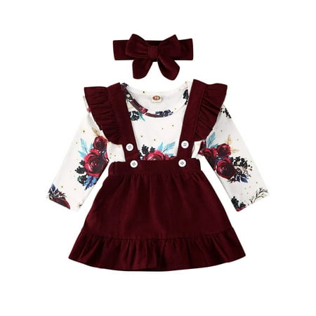 

Fullvigor Baby Girl Floral Romper Jumpsuit Strap Skirt Dress with Headband Outfits