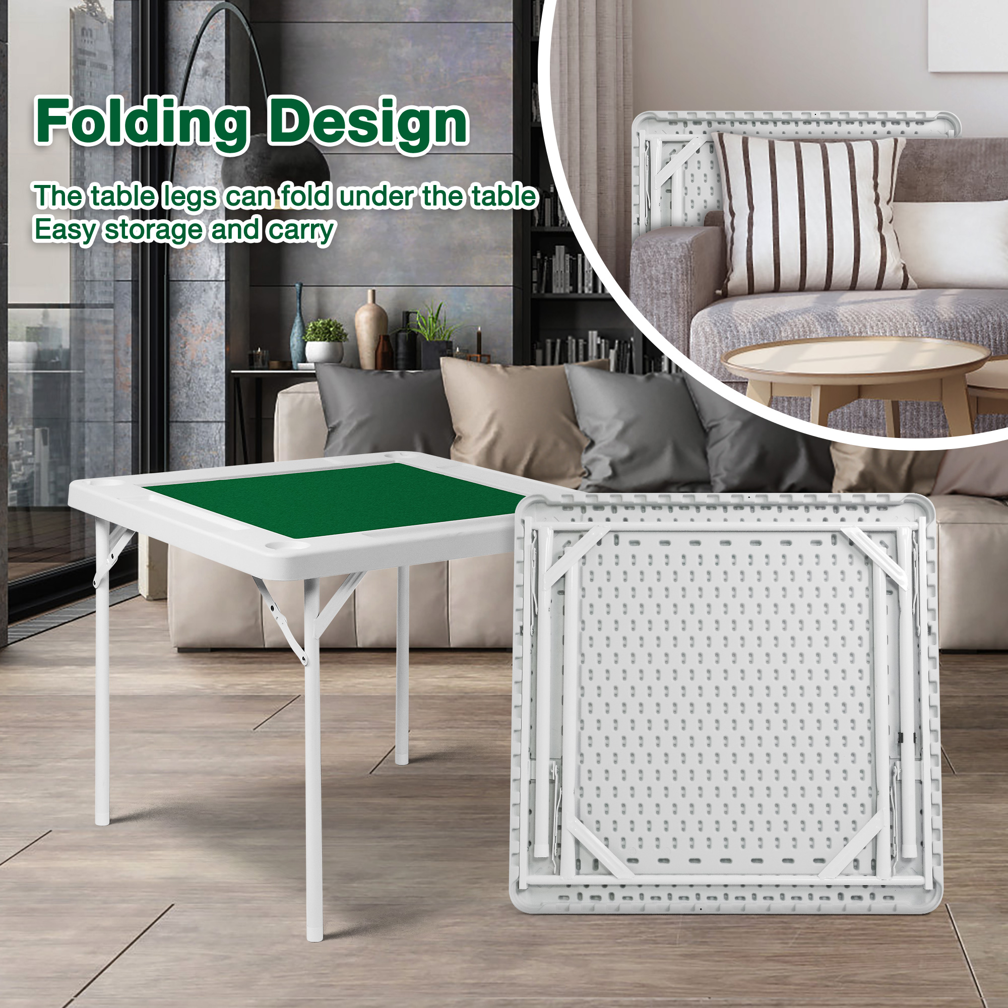 Karmas Product Folding Mahjong Table 35.4'' Foldable Square 4 Player Card Poker Table with Cup Holders & Chip Trays for Playing Mahjong, Pokers, Dominoes, Jigsaw Puzzles, Board Game