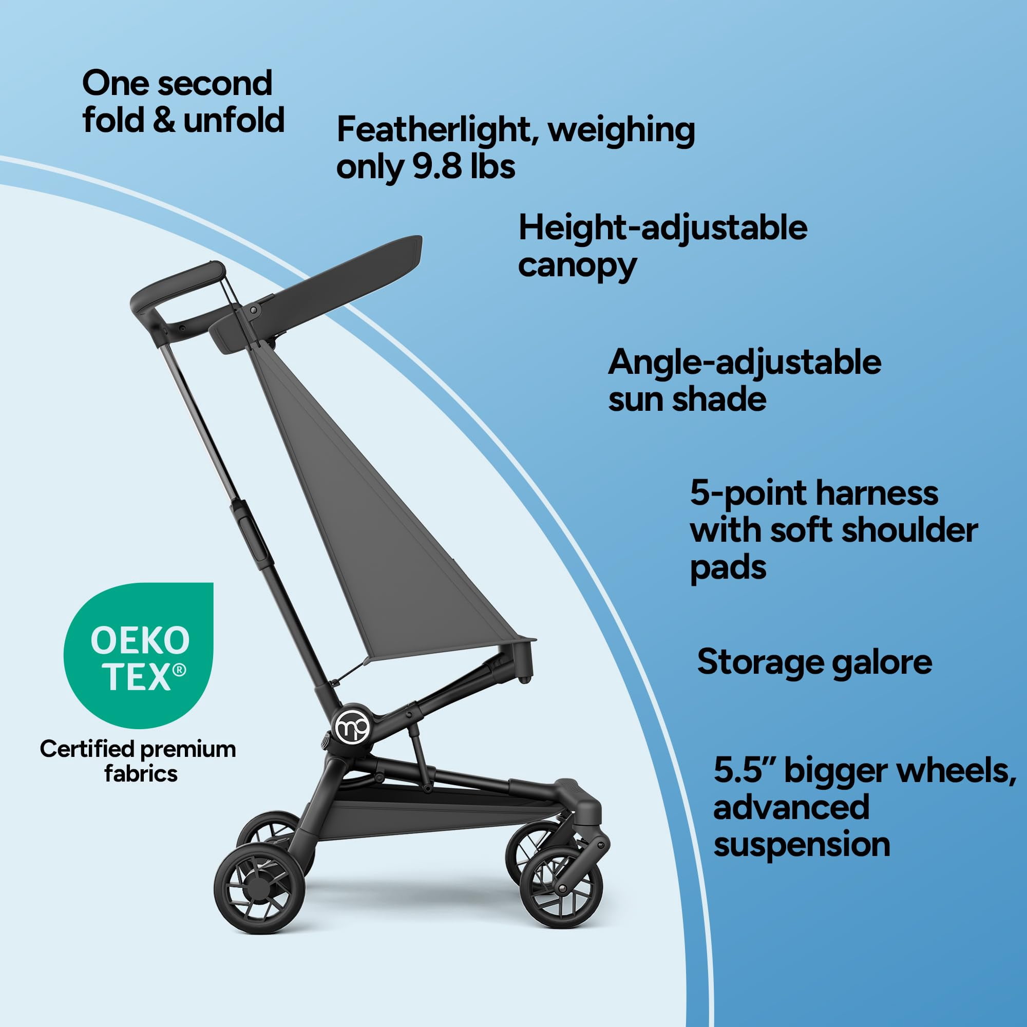 Mompush Jeto Lightweight Travel Stroller, Ultra-Compact One-Hand Fold, for Ages 6–36 Months, Gray, 10.1LB, Unisex