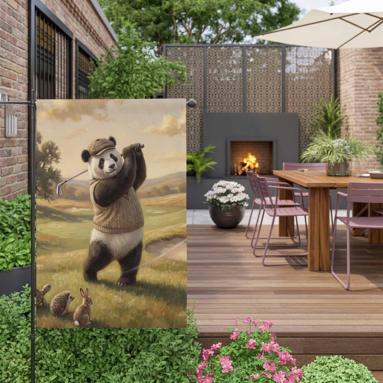 Cute Panda House Flag 28 x 40 Inches, Watercolor Pastoral Scenery Funny Hedgehog Rabbit Golf Weather Proof Outdoor Patio Flags Double Sided Small House Decoration for Yard Lawn Outside Home