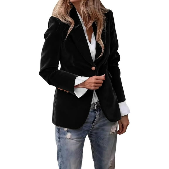 Velvet Blazer Women Casual Business Button Up Jacket Fall Winter Coats Notch Lapel Work Office Suit Jackets Blazer Black XXL