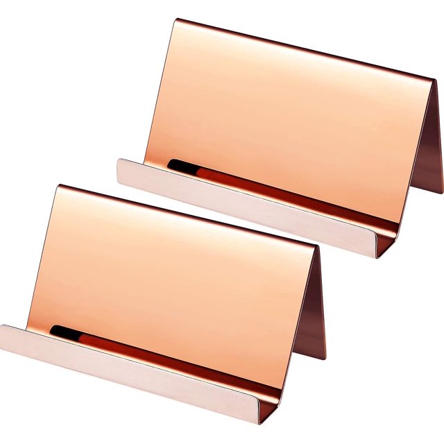 Paquete de 2 soportes para tarjetas de presentación de acero inoxidable, organizador de escritorio para tarjetas de presentación (oro rosa)