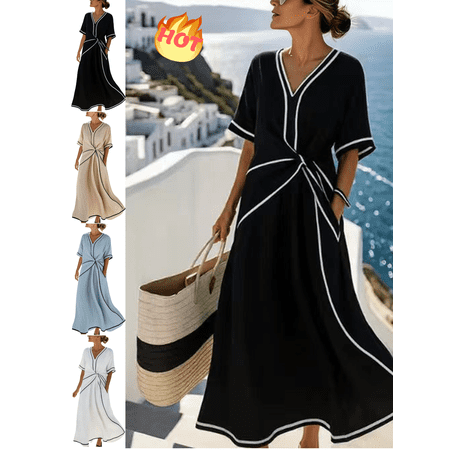 Mifsaly Linen Dress Women Short Sleeve Vacation Beach Wrap Dresses Lightweight Flowy Dressy Casual Maxi Spring Summer Clothing M