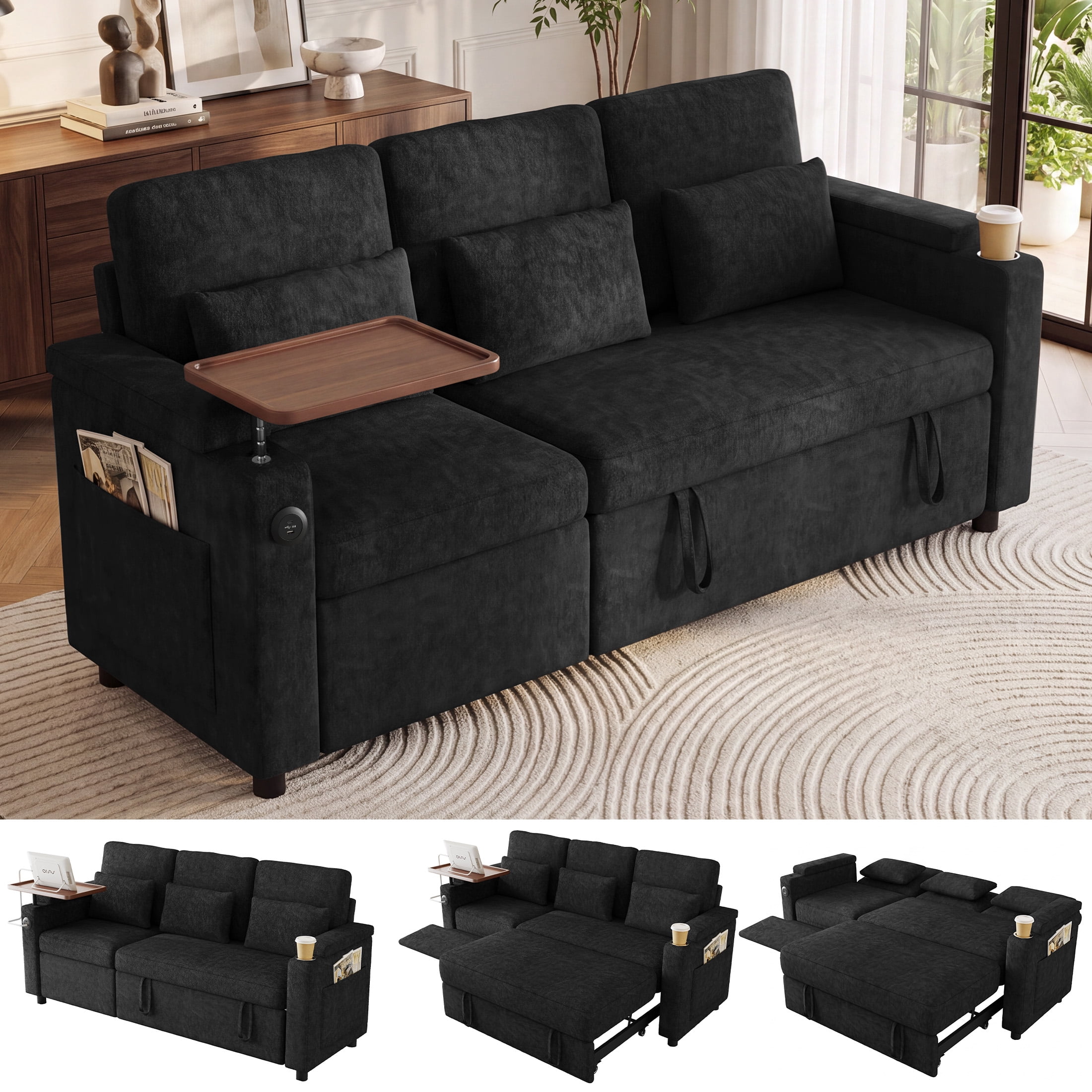 Aenkyo 81" 3-in-1 Convertible Sleeper Sofa with Pull Out Bed and Recliner, Adjustable Backrest, Black
