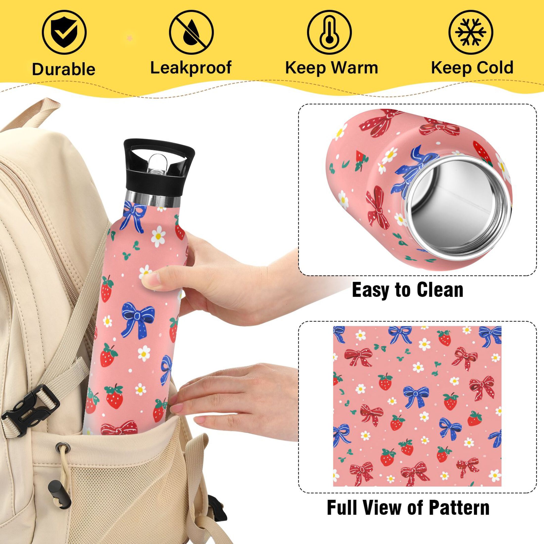 Kids Insulated Stainless Steel Sports Water Bottle 600ml (20oz) Bows and Strawberries Pattern