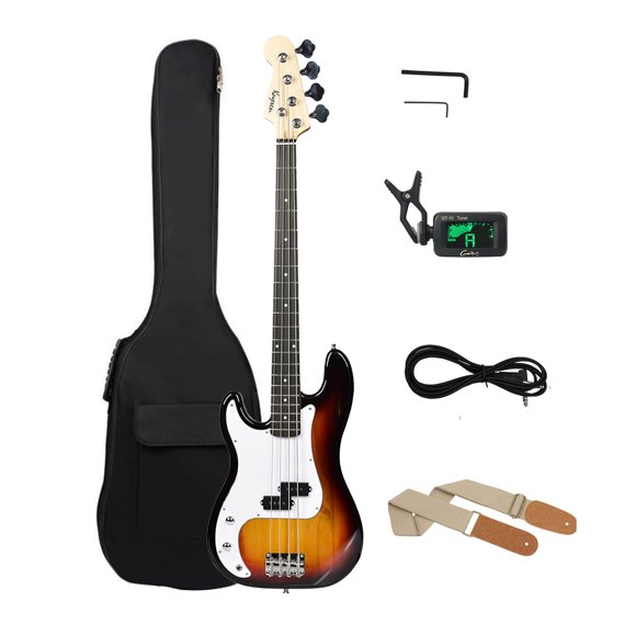 Left handed Bass Guitar 4 string full size PB for Beginners Intermediate players with Gig bag Clip Tuner Strap Cable cord (Sunburst)