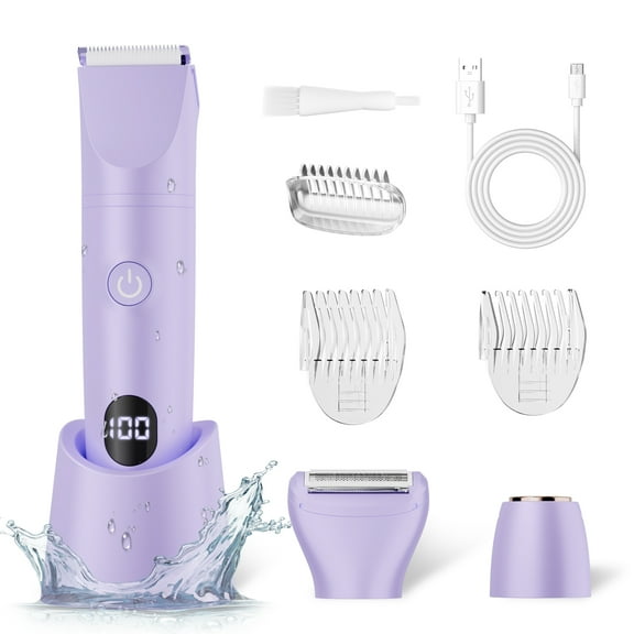 Electric Razors for Women - 3 in 1 Bikini Trimmer for Women, Waterproof Body Pubic Shaver for Women Wet & Dry Use, Replaceable Facial & Nose Hair Trimmer, Rechargeable Hair Removal Kit, Purple