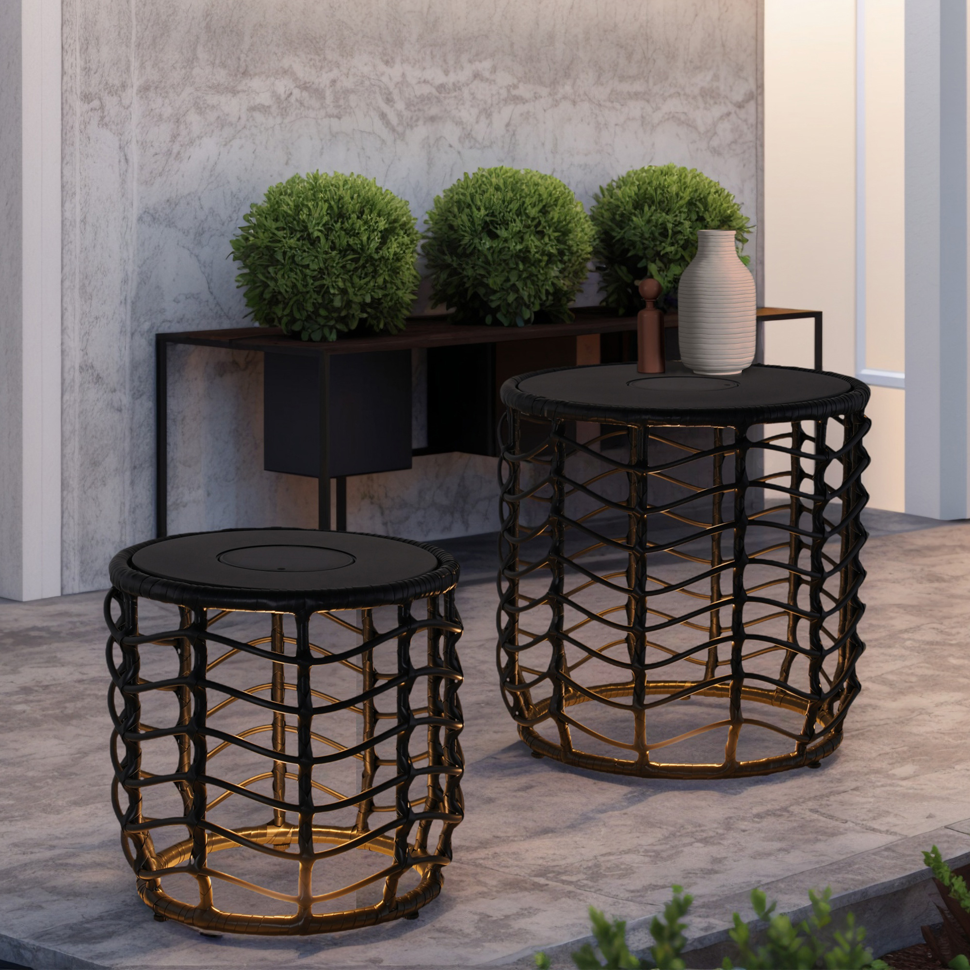 EVERITE Outdoor Side Table Modern Boho Style with Built-in Solar Lights Wave Wicker End Tables Set of 2,Black