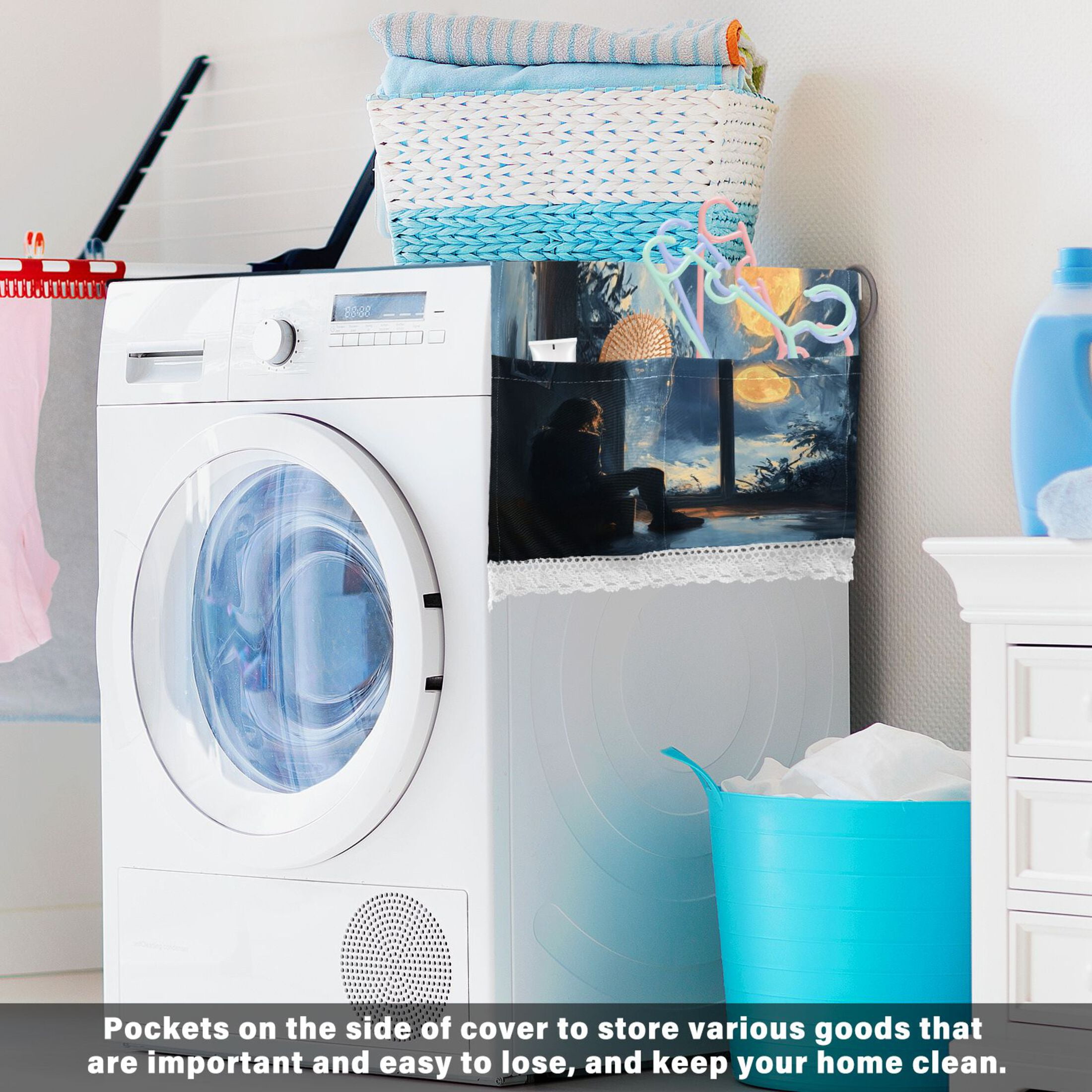 Lonely BackWasher and Dryer Covers Dust-Proof and Oil Resistant Fridge Cover with 4 Storage Pockets Washing Machine Top Cover for Laundry Kitchen Home 51.2 x 22 In