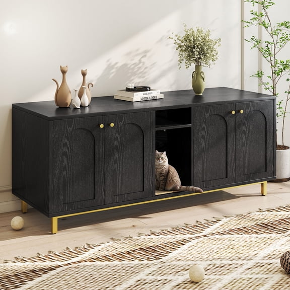 Cabinet Cat Litter Box Enclosure Black Color Large Capacity Double Magnetic Door Design Litter Box Furniture Enclosure Cabin with Scratching Pad